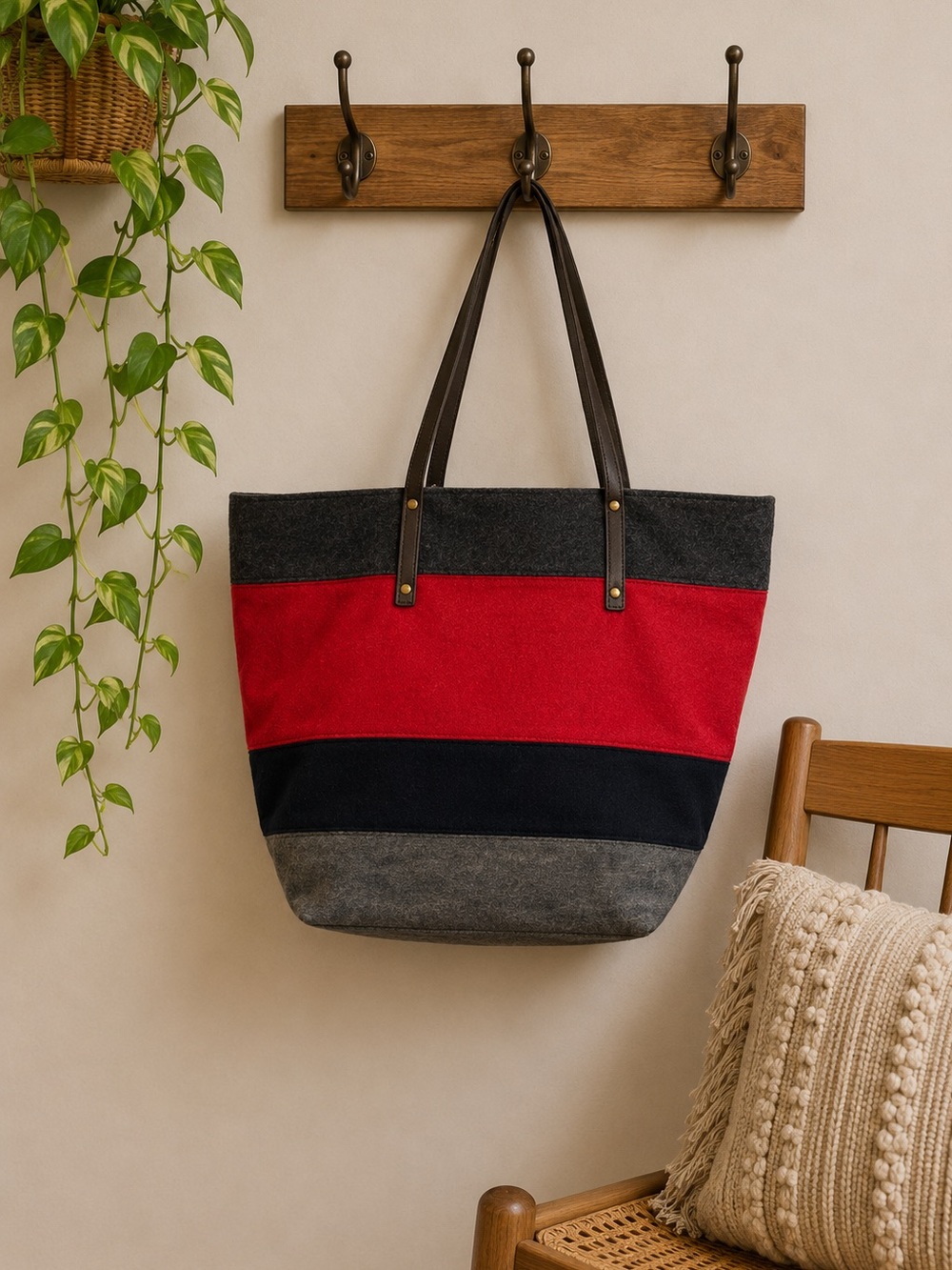 Tommy Hilfiger Rare Wool Color Block Structured Satchel Tote Preppy Heritage Bag